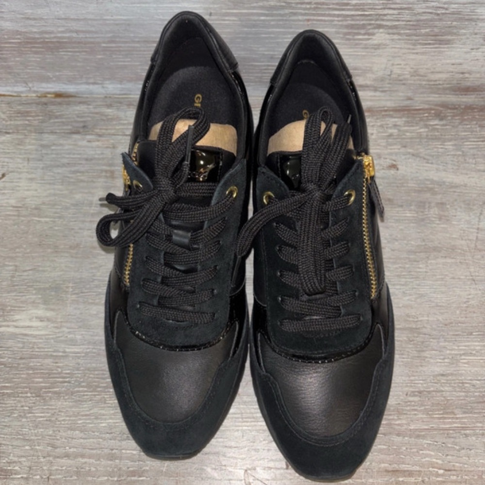 Geox Respira Black Lace-Up Sneakers with Gold Side Zippers